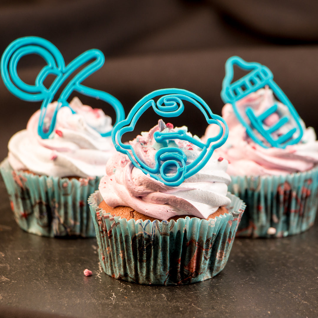 Cupcakes für Babyparty mit bleuen Choco Toppings aus dem Procusini 3D Drucker