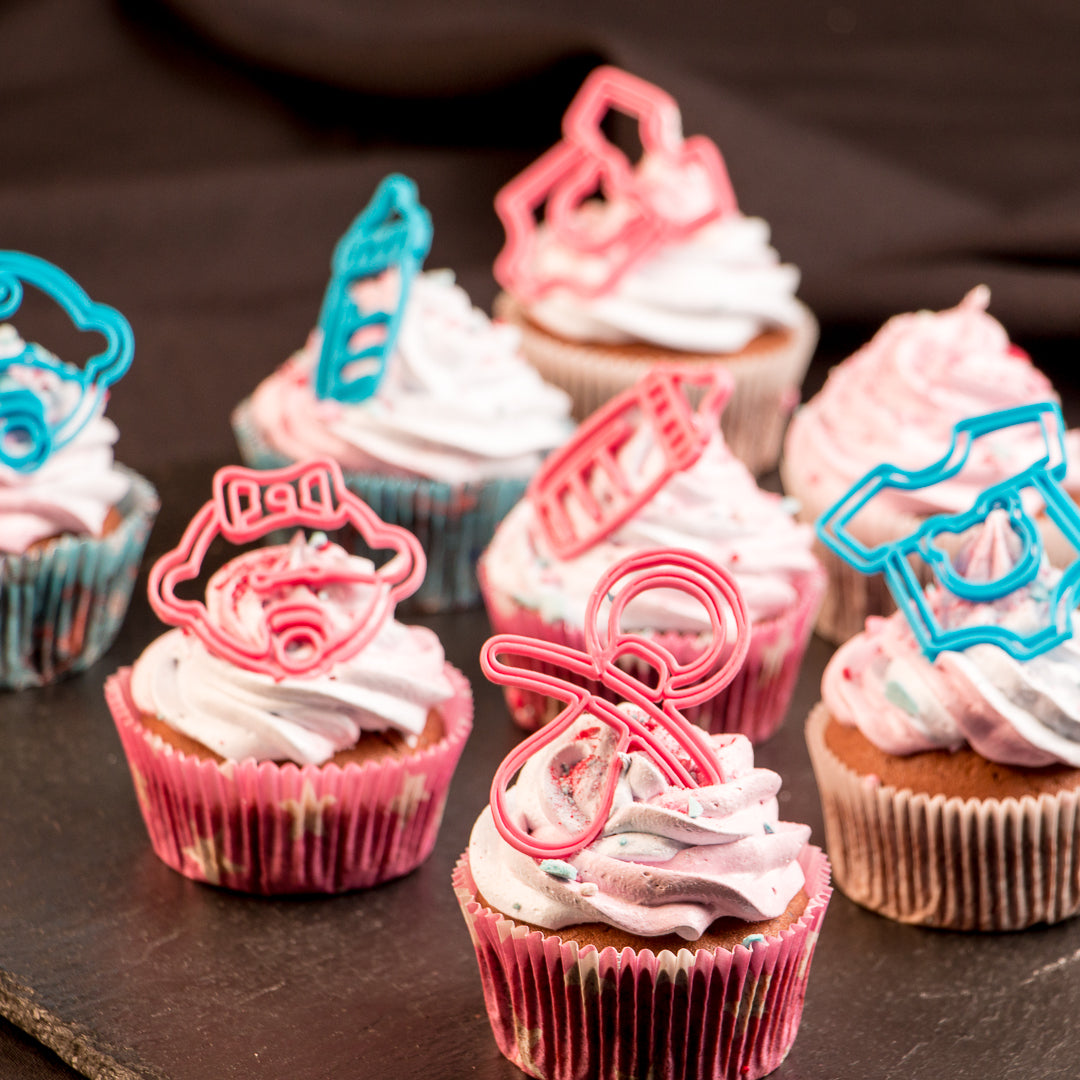 Procusini 3D Lebensmitteldrucker - Procusini 3D Choco  -  Anwendungsbeispiel - Babyparty Cupcakes, its a boy party, its a girl party, Cupcakes mit Schokoladendekor aus dem Procusini 3D Food Printer